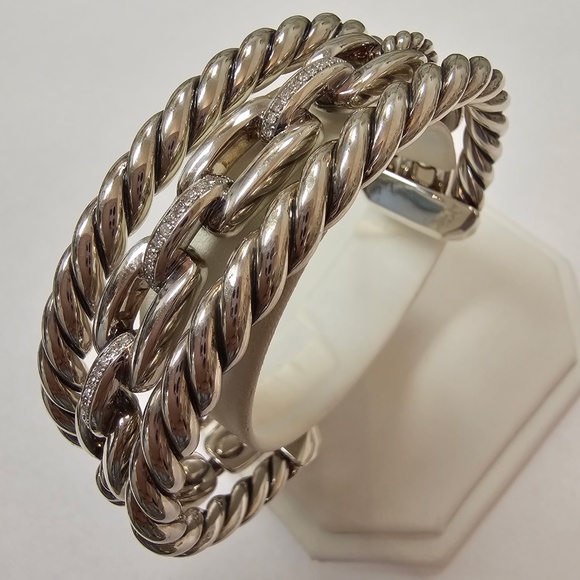 David Yurman Triple-Cable Pavé Link Cuff — Silver & Diamonds - Picture 3 of 3